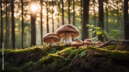 Portobello Mushrooms growing in a forest, dramatic lighting photo