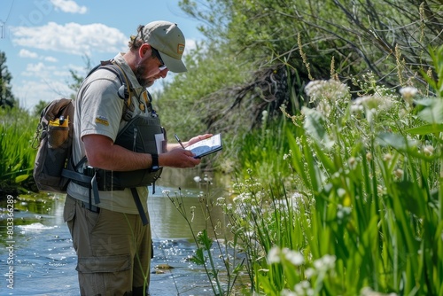 Biologist conducts a riparian biodiversity survey photo