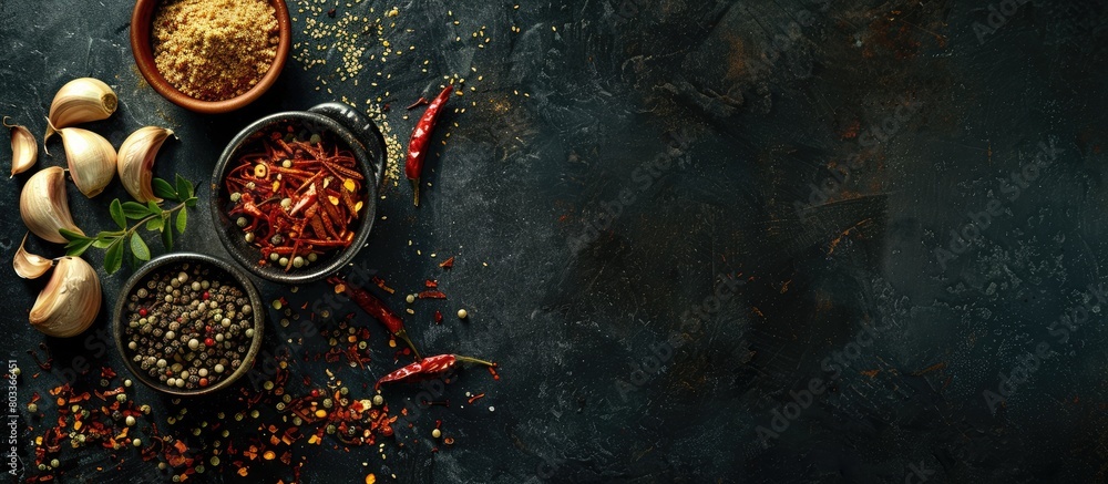 Spices and ingredients displayed on a dark background, representing Asian cuisine, health, and cooking themes. Spices and ingredients displayed on a dark background, representing Asian cuisine, health, and cooking themes.