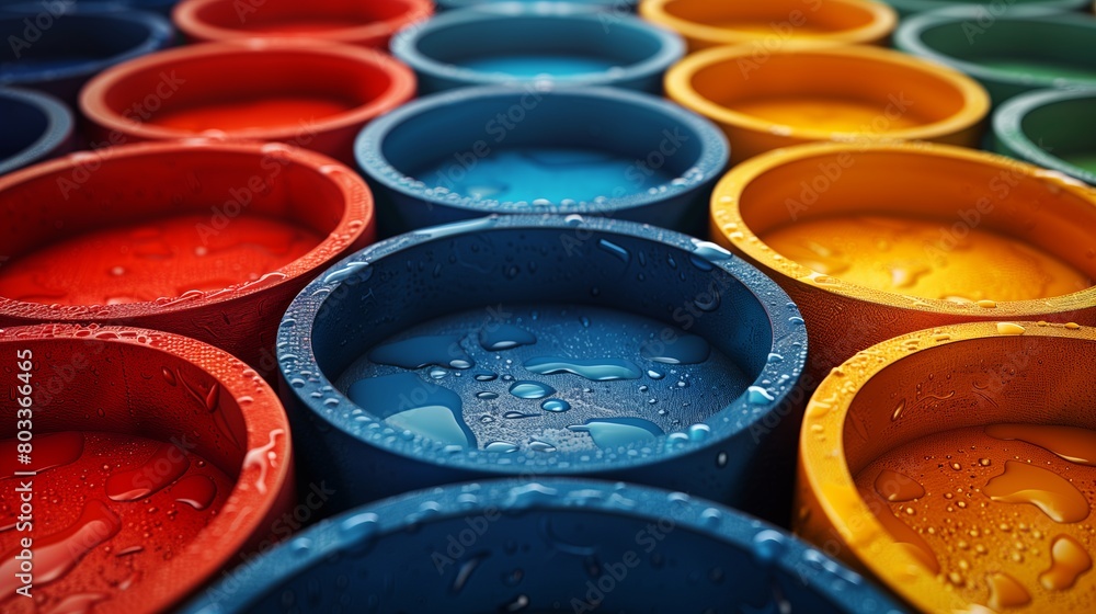 Colorful plastic barrels with water drops close-up. Colorful background Colorful plastic barrels with water drops close-up. Colorful background