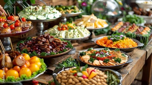Table displaying various foods at a buffet or family gathering event . Concept Buffet Display, Family Gathering, Food Variety, Table Setting