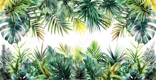 frame of jungle leaves in watercolor isolated against transparent background