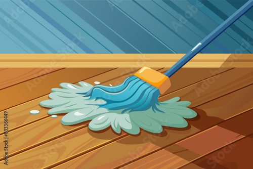 photorealistic image of a mop leaving a clean water trail on a polished hardwood floor