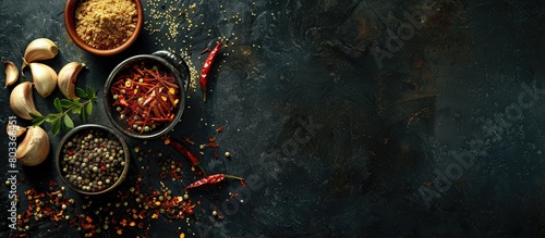 Spices and ingredients displayed on a dark background  representing Asian cuisine  health  and cooking themes.