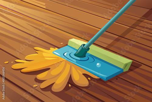 photorealistic image of a mop leaving a clean water trail on a polished hardwood floor
