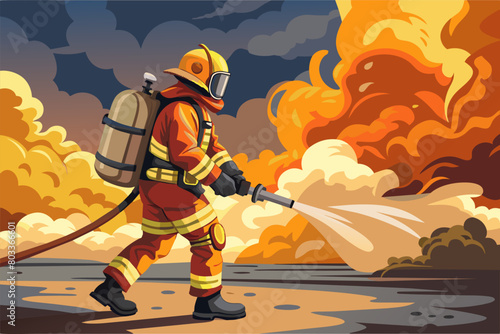 photorealistic image of a firefighter battling a blaze, smoke billowing around them