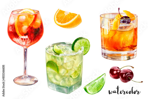 Watercolor illustration of cocktails drinks close up. Design template for packaging, menu, postcards. PNG
