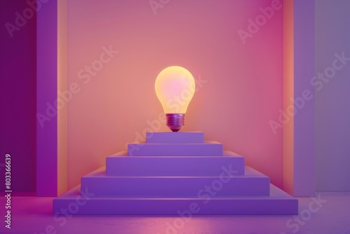 Light bulb Standing on Pedestal, Purple Background - Creativity, New Idea, Business Concept