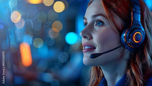 Confident consultant providing customer service sales or telemarketing support with a headset. Concept Consultant, Customer Service, Sales, Telemarketing, Headset photo