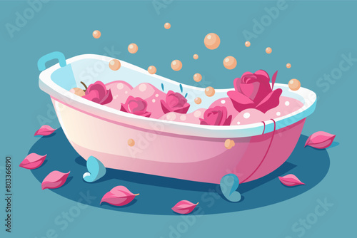 photorealistic image of a bathtub filled with bubbles and rose petals for a relaxing spa experience