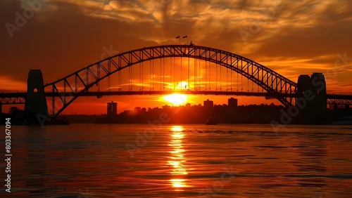Sydney Harbour Bridge at sunset iconic Australian landmark showcasing grandeur beauty. Concept Landmarks, Sydney, Australia, Sunset, Beauty © Ян Заболотний