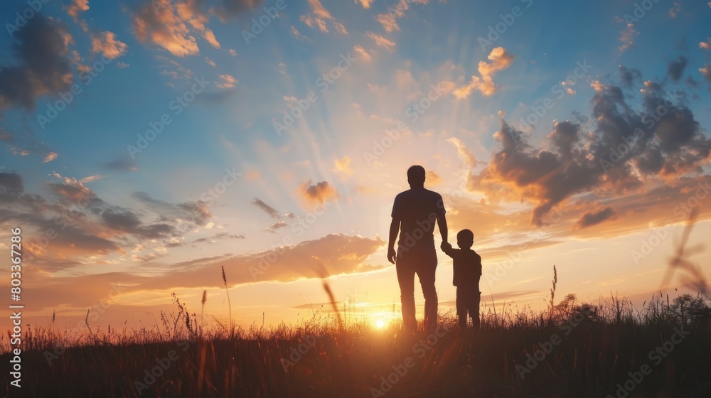father and little son silhouettes play at sunset sky AI generated