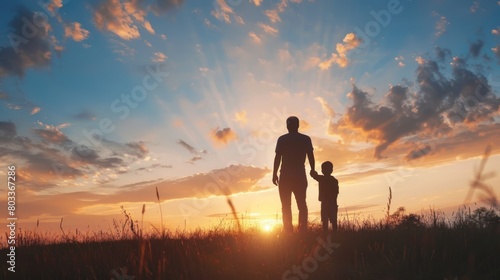 father and little son silhouettes play at sunset sky AI generated