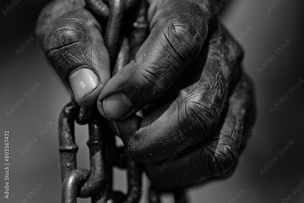 Hand of a black person holding a black chain, concept of Juneteenth, Freedom Day, end of slavery.