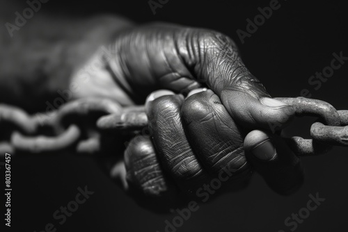Hand of a black person holding a black chain, concept of Juneteenth, Freedom Day, end of slavery. photo
