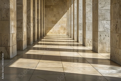 Columns of empty concrete walkway illuminated by sunlight casting lines of shadow on stone wall