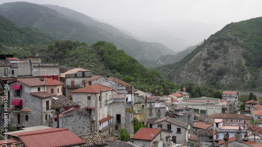 Drone flying over the old town in the mountains of southern Italy Drone flying over the old town in the mountains of southern Italy