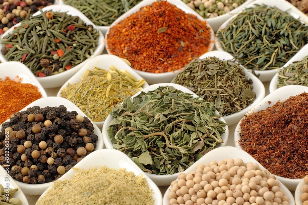 Assorted herbs and spices displayed in spoons, close up view for culinary enthusiasts Assorted herbs and spices displayed in spoons, close up view for culinary enthusiasts