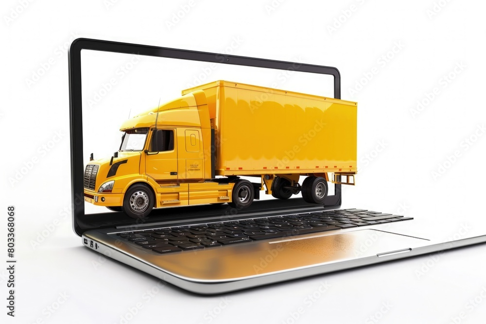 Delivery truck coming out of a laptop screen, concept of logistics, delivery, transportation. Delivery truck coming out of a laptop screen, concept of logistics, delivery, transportation.