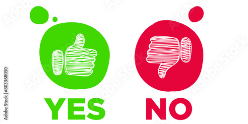 Green like and red dislike icons. Thumb up and thumb down. Yes or no. Agree and disagree sign. Approve or deny. Up and down index finger sign. Vector illustration. Accept icon photo