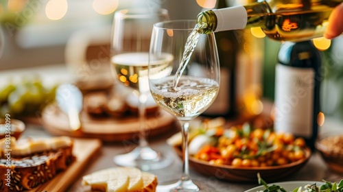 Close up of pouring white wine into a glass at an elegant fine dining establishment