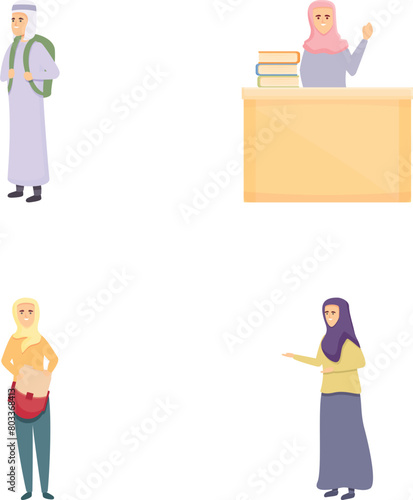 Arabic lesson icons set cartoon vector. Arabic pupil in national cloth. Education concept