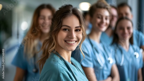 Young nursing student in scrubs leading team in hospital highquality photo. Concept Hospital Team, Scrubs, Nursing Student, Leadership, Healthcare Setting