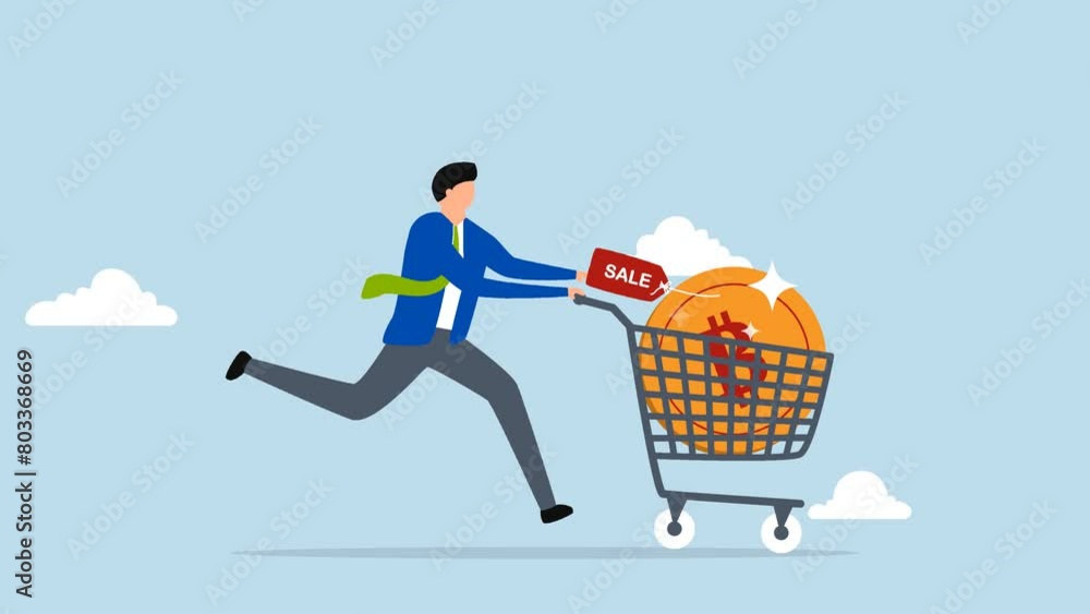 4k animation of man buys cryptocurrency Bitcoin in shopping cart to speculate on future earnings. 4k animation of man buys cryptocurrency Bitcoin in shopping cart to speculate on future earnings.