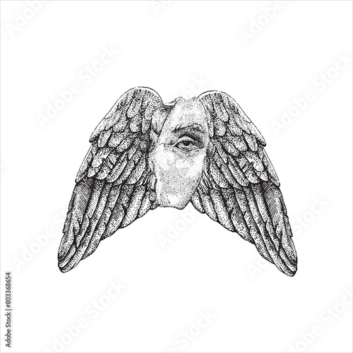 Wings with the face of the Roman emperor. Spot work. Vector hand drawn illustration. Tattoo illustration, modern surreal art.