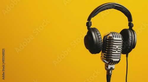 Studio microphone with headphones, podcast concept.