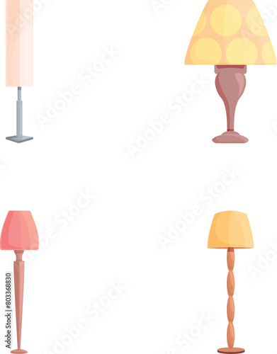 Floor lamp icons set cartoon vector. Floor torchere with various lampshade. Home illumination and decor element