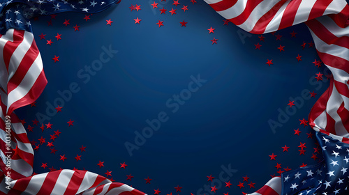 Flat American flag frame on navy background with copy space for patriotic holiday and celebration designs.