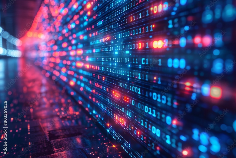 Binary data stream visualizing information flow in technology and communication, glowing blue digits on a dark background Binary data stream visualizing information flow in technology and communication, glowing blue digits on a dark background