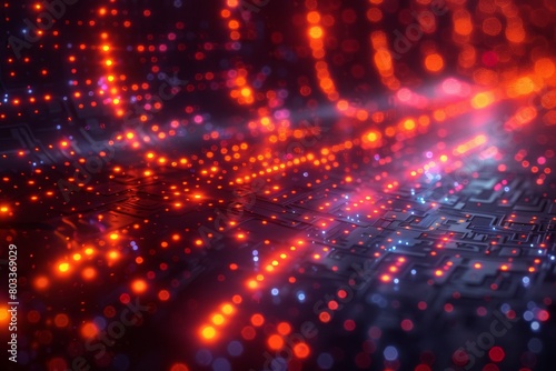 This image features a close-up view of a circuit board with a mesmerizing bokeh effect of red and blue lights, representing data flow or electronic activity