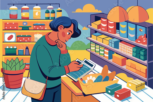 person browsing a store thoughtfully, comparing products and considering their needs over impulse buying