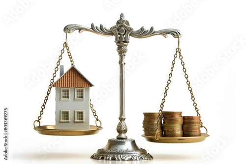 Scales with house on one side and coins on the other, concept of finance, investment, property.