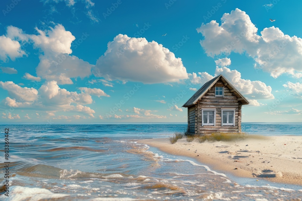 Landscape with a simple wooden house on the beach, summer, vacation concept. Landscape with a simple wooden house on the beach, summer, vacation concept.