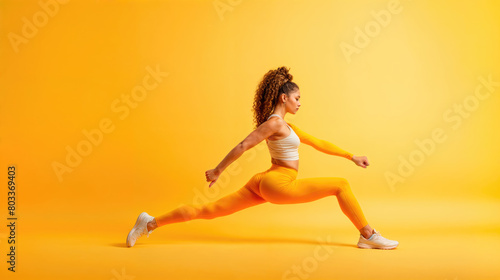 A dynamic female athlete performs a powerful lunge on a vibrant yellow background