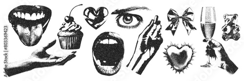 Eye, mouth, hand, heart, gummy bear with halftone stipple effect, for grunge punk y2k collage design. Pop art style dotted crazy elements. Vector illustration for vintage emo gothic banner, music post photo