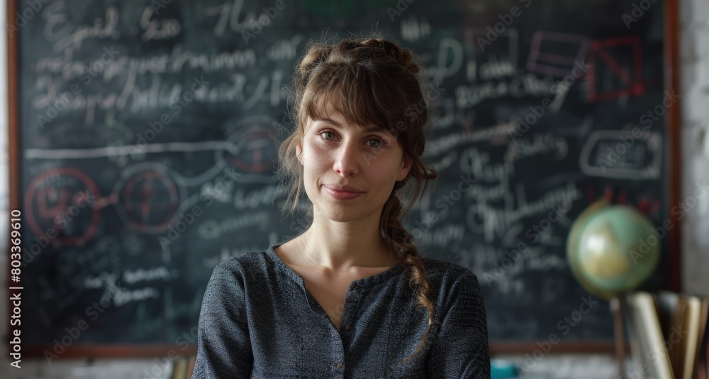 Teacher in the classroom, blackboard in the background, concept of Teachers’ Day and back to school. Teacher in the classroom, blackboard in the background, concept of Teachers’ Day and back to school.
