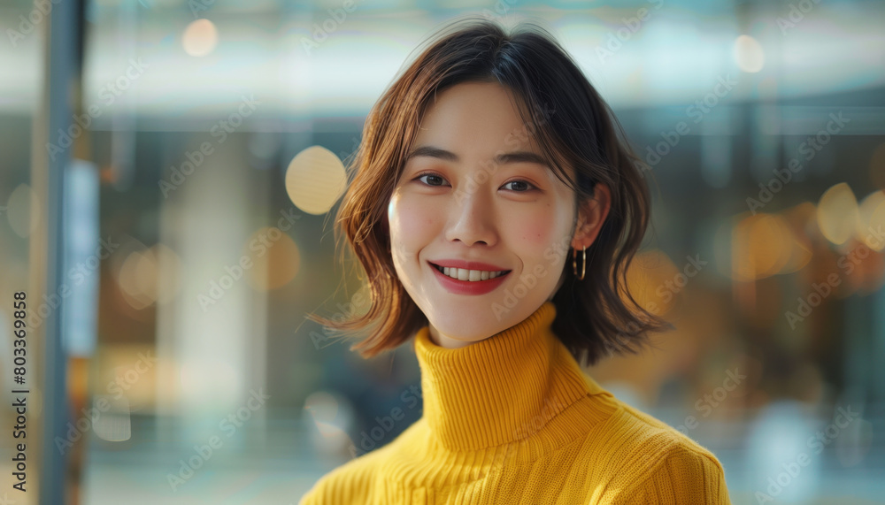 An Asian businesswoman in her late thirties in yellow in an office setting An Asian businesswoman in her late thirties in yellow in an office setting