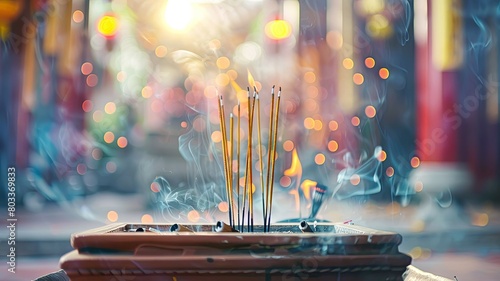 Incense sticks burning with colorful bokeh lights - An atmospheric image capturing the spirituality and tradition of burning incense sticks, set against a backdrop of colorful bokeh lights