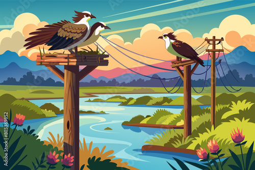 pair of ospreys nesting atop a telephone pole overlooking a river