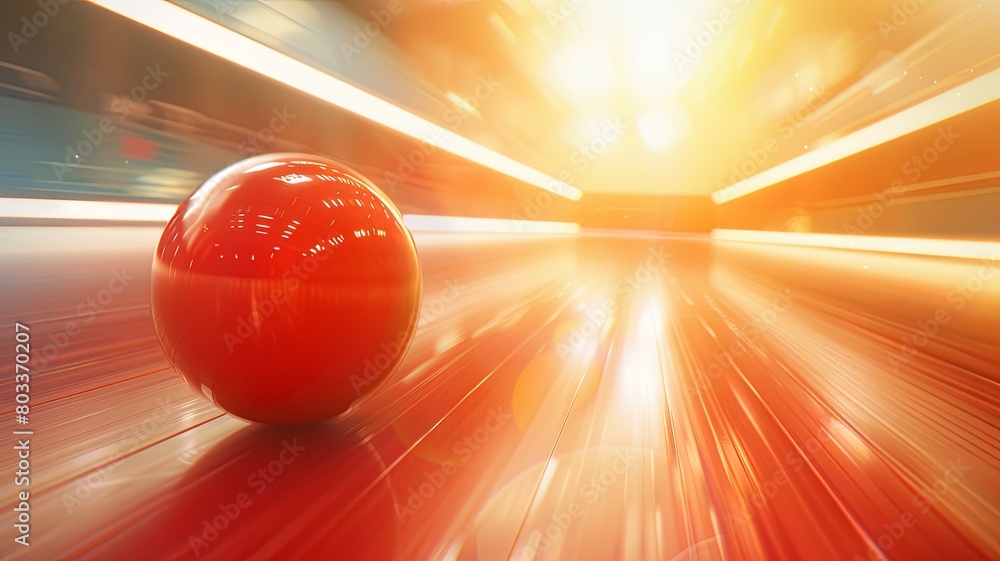 Red bowling ball rolling down a bowling alley Dynamic and vivid, this