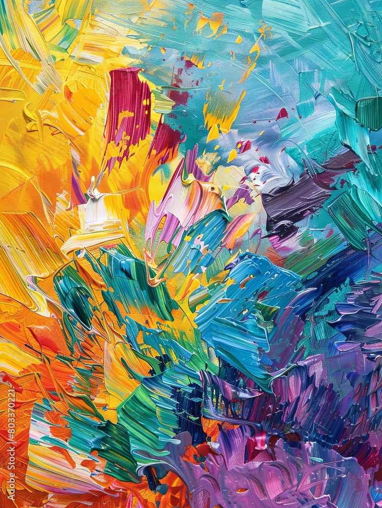 Explosion of colors in dynamic abstract painting - Dynamic and vibrant abstract painting showcasing an explosive merging of bright, bold colors and textures