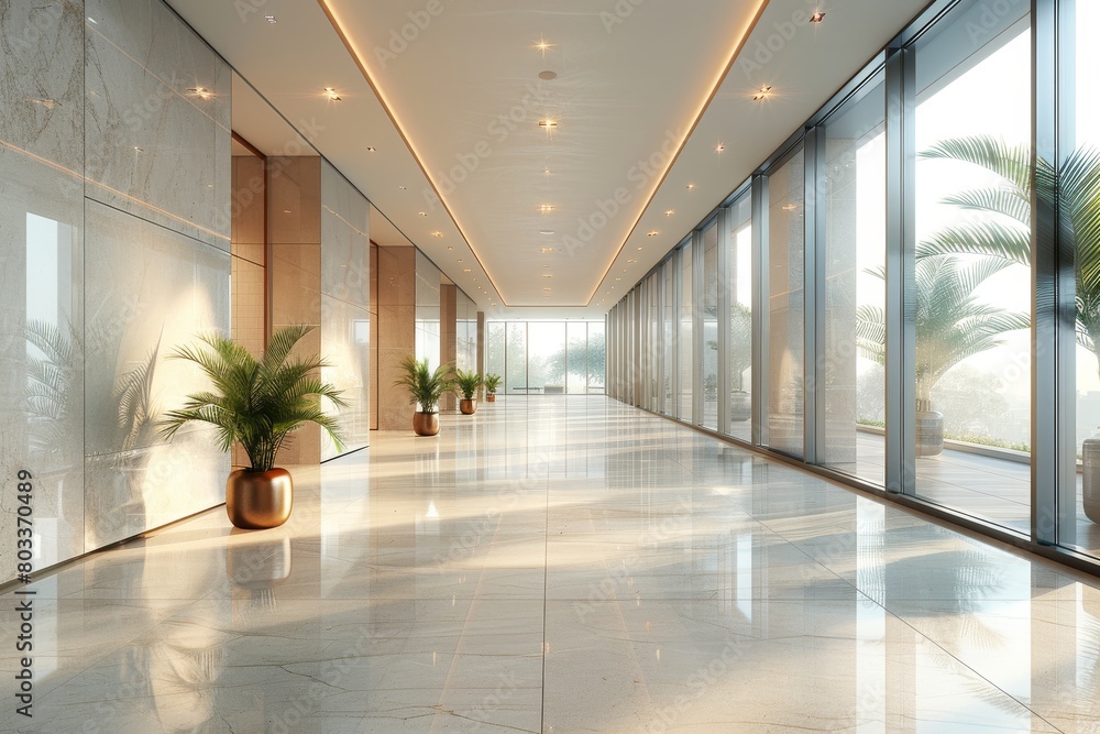 An expansive corridor with floor-to-ceiling windows, marble floors, and lush green potted plants