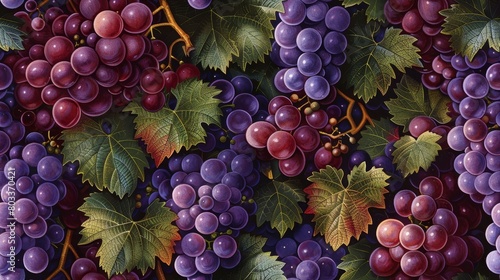 A beautiful painting of purple and red grapes with green leaves. photo