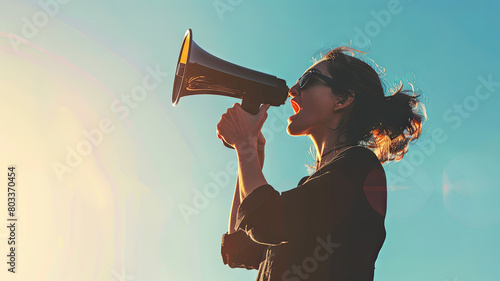 Woman shouting into megaphone with sunset - Silhouette of a passionate woman using a megaphone at sunset, expressing empowerment and communication