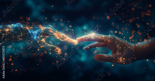 A human hand and robot finger dark blue background, artificial intelligence concept. AI is displayed in the middle of the hands. Futuristic banner design for a business focused on AI technology. #803370470