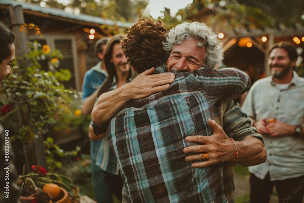 Grateful father hugging son at retirement party in rural garden with friends